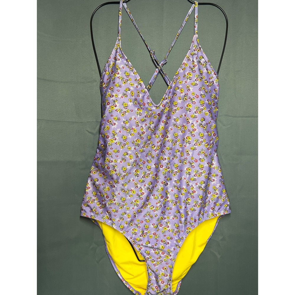 Joe Boxer Womens XL Purple Ditsy Floral One Piece Swimsuit Strappy Back V-Neck